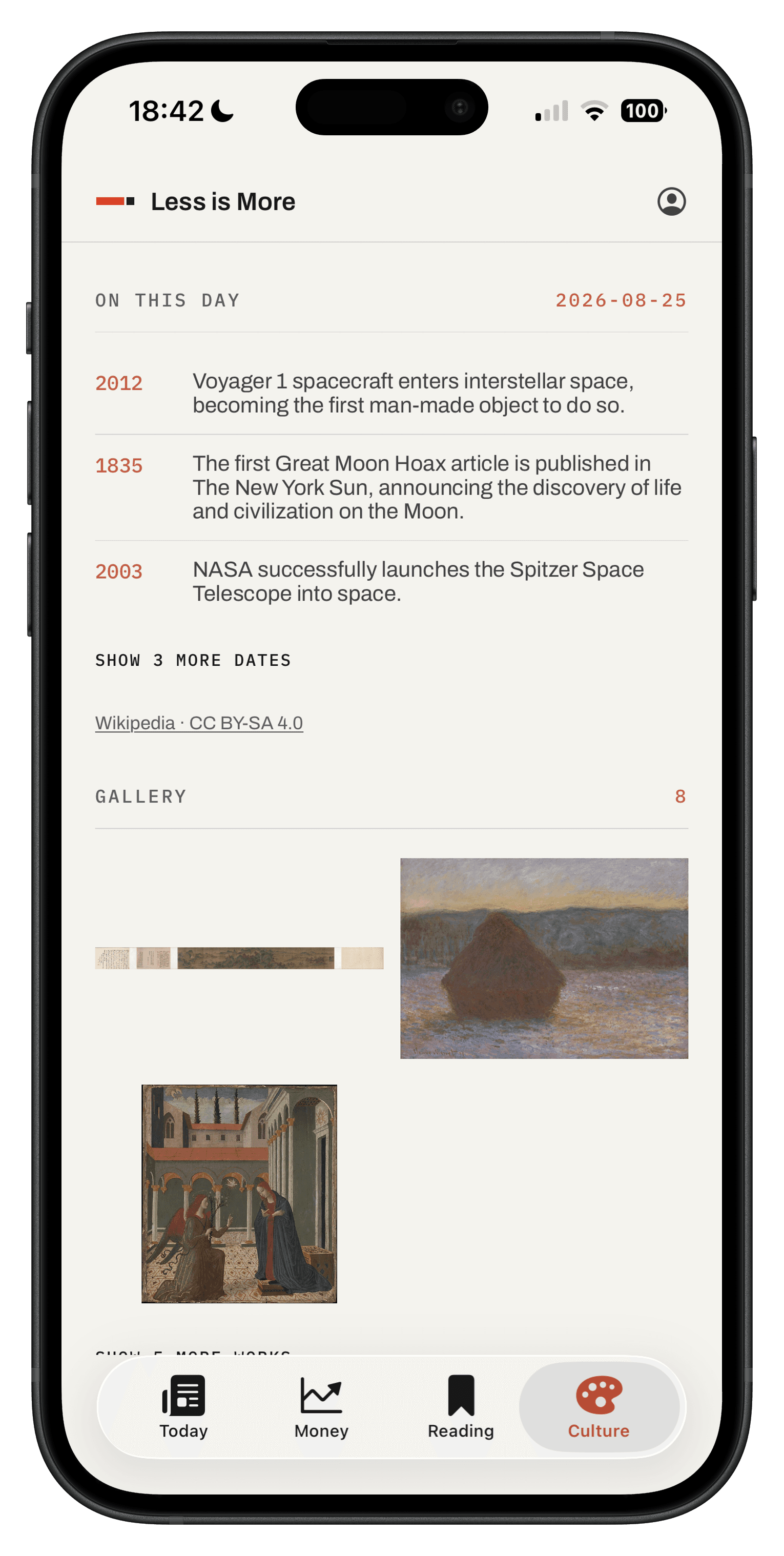 Less is More on iPhone, showing the Culture tab and the day’s gallery